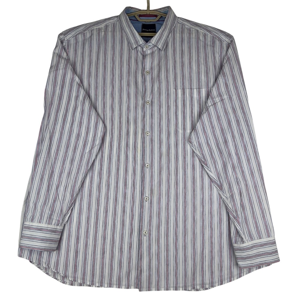 Tommy Bahama Button Down Shirt Mens 3XL Blue Red Striped Long Sleeve Marlin Logo